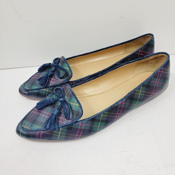 TALBOTS Francesca Tasseled Driving Moccasins Green Navy Tartan Plaid 8.5 - Picture 3 of 10
